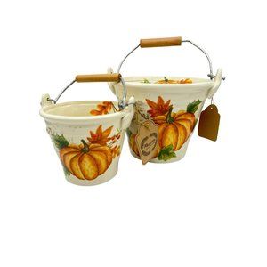 2 Maxcera Fall Bucket / Planter Pumpkins Harvest Ceramic Wood Metal Thanksgiving